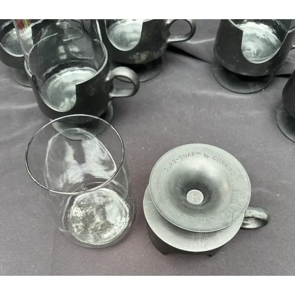 6 Vtg Glas-Snap Corning Black Handle Smoke Gray Hot Cold Glasses MCM -8/9